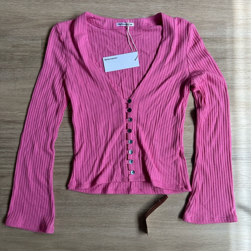 Reformation Pink Ribbed Hook-Front Long Sleeve Top - Picture 3 of 7